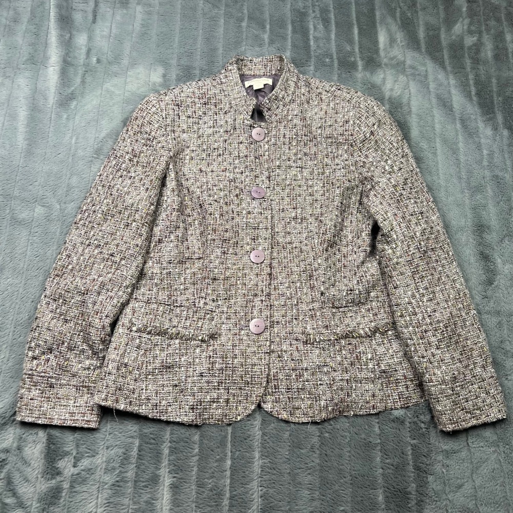 Coldwater Creek Shaped Purple Tweed Blazer Jacket Women 16 Stand Collar Metallic